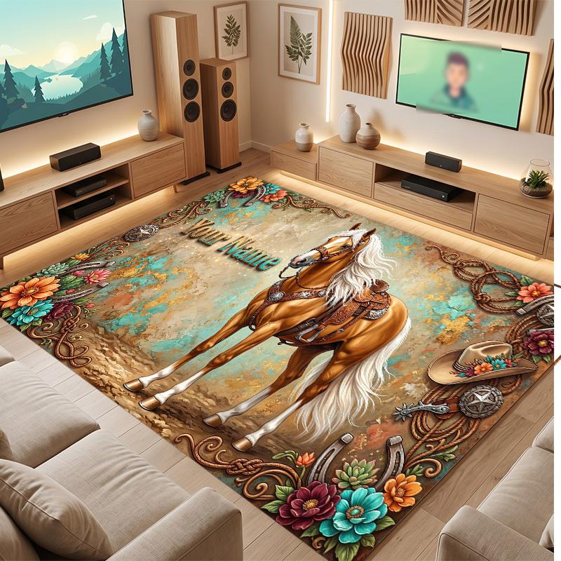 Horse Theme Soft Crystal Velvet Rug Custom Name & Text Print Non Slip Floor Rug for Bedroom Living Room