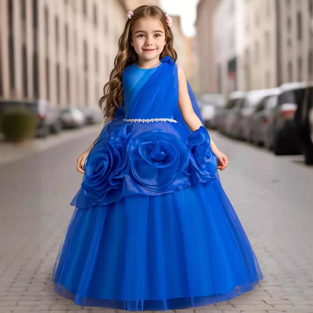 Middle and Large Children's Dress Long Large Flower Department Asymmetric Princess Dress Host Piano Performance Dress 932 Girl's Favourite Dress