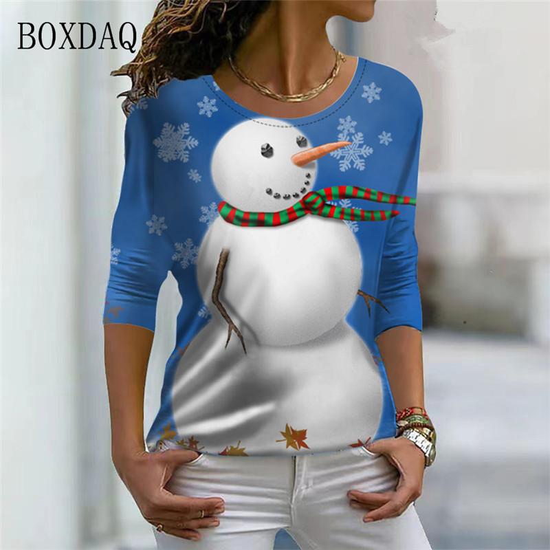 Santa Claus And Snowman Pattern Women Streetwear T-shirts Autumn Winter Long Sleeve 3d Print Christmas Style Ladies Casual Tops