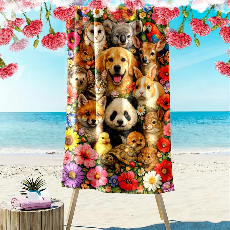 Floral Animals Print Beach Towel, Large Soft Quick Dry Towel for Beach Camping Swimming