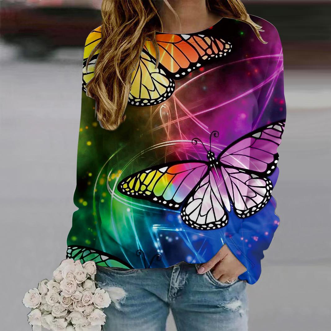 

Осенняя женская мода с круглым вырезом и длинным рукавом, свободная одежда, синяя футболка с принтом светящейся бабочки для девочек, уличная 8XL зелёный