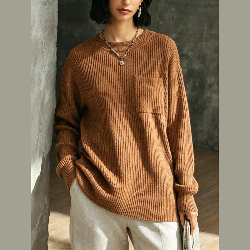 Ladies Long Sleeve Round Neck Knitted Sweater with Pocket Lazy Style Cotton Blend Comfortable Fit Autumn Winter Arrival