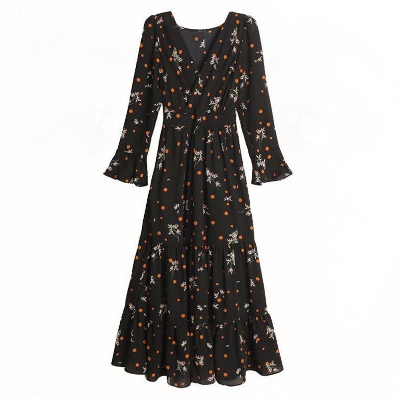 WTEMPO Brand Fragmented Chiffon Long Sleeve Dress Loose Retro Versatile Large Hemline Skirt Slim Tall Super Long Knee Skirts