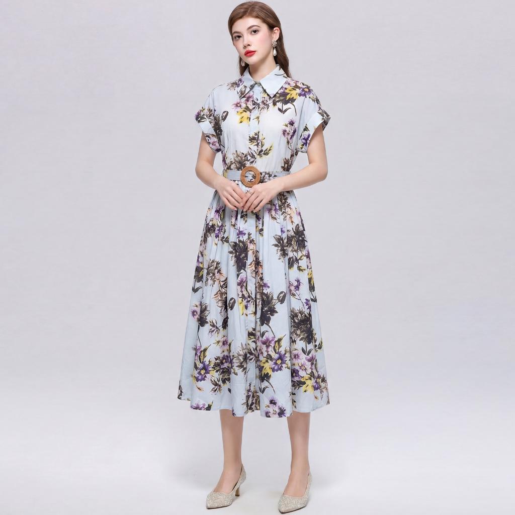 Summer Floral Print Shirt Dress for Women Short Sleeve Maxi Sundress with Lapel Neck Buttons Vintage Fashion Belted Robe