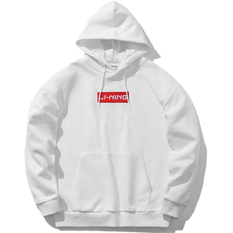 Li Ning Logo Embroidered Casual Hooded Pullover Fleece Sweatshirt Unisex Sweatshirt White AWDR615-1