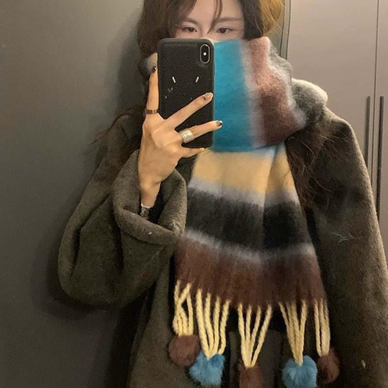 Winter new high-end warm thickened scarf women's winter dopamine striped hairball cold-proof shawl