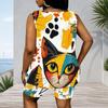 Women Plus Size Scoop Neck Sleeveless Peacock Feather Printed Tank Top And Shorts Two Piece Set