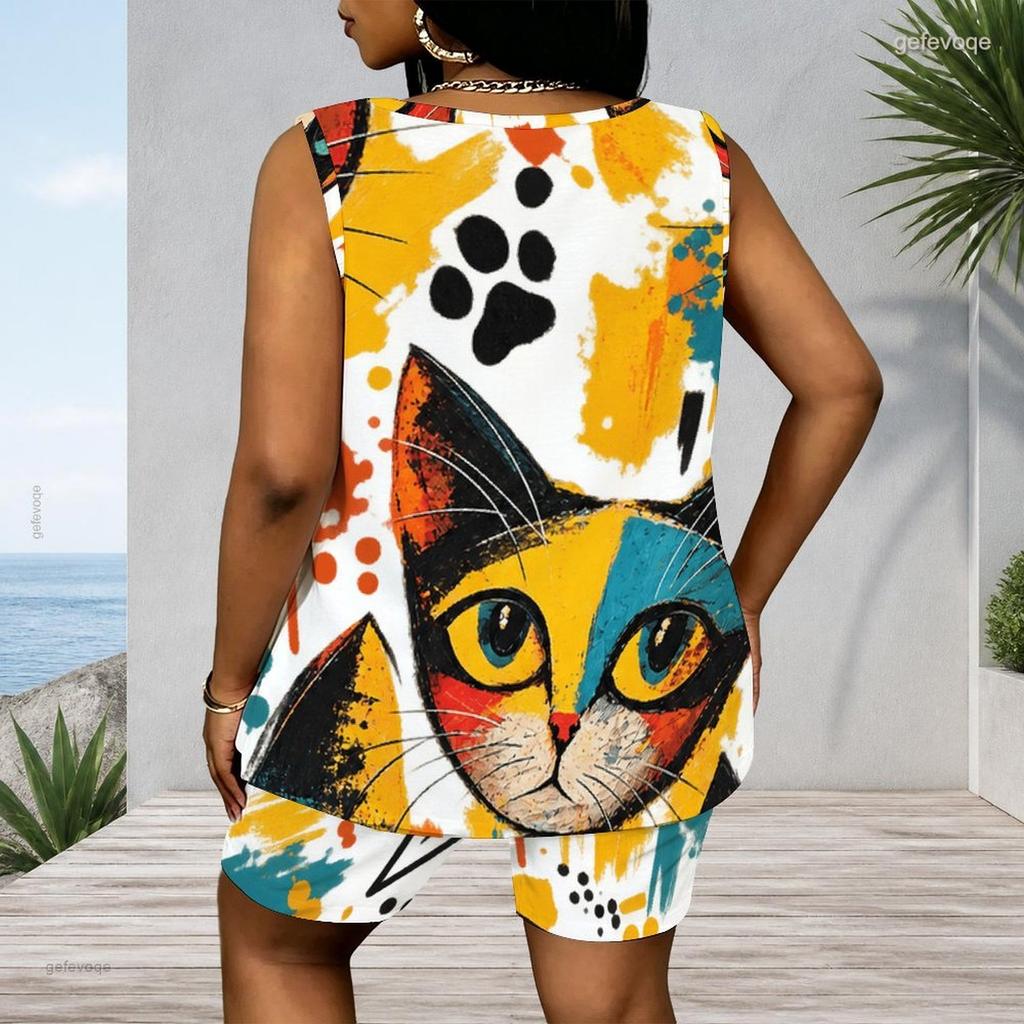 Women Plus Size Scoop Neck Sleeveless Peacock Feather Printed Tank Top And Shorts Two Piece Set