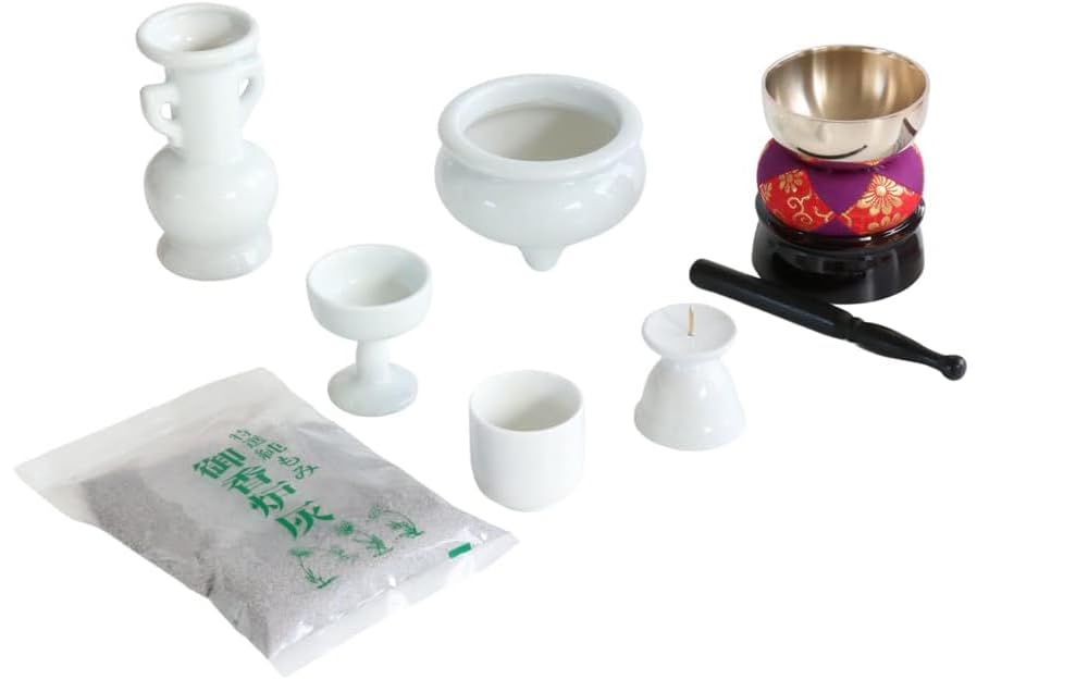 Buddhist Altar Set, Plain White Porcelain, 5 Pieces + Bell Set, Incense Burner Ash Included, for 49th Day Memorial Service, Altar Decoration