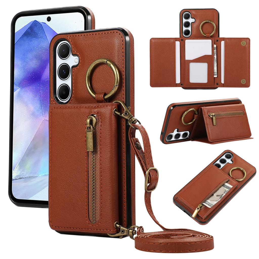 For Samsung Galaxy A16 4G Leather Back Cover Zipper Wallet Kickstand Phone Case with Shoulder Strap