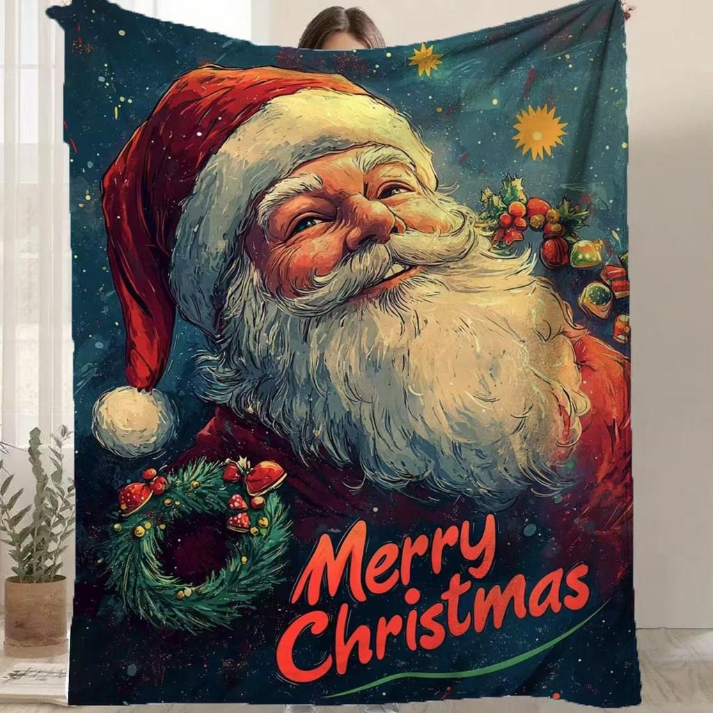 Cartoon Santa Claus Printed Blanket for Sofa Bed Travel Camping Living Room Office Conditioning Blanket for All Seasons Gifts