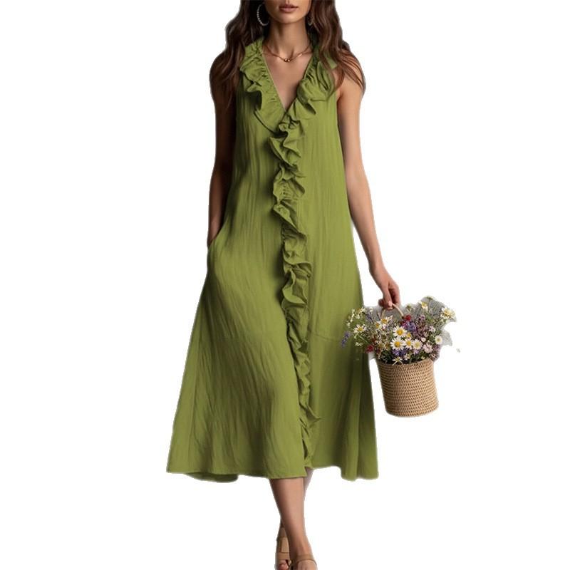 Spot women's clothing spring and summer new solid color sleeveless cotton and linen V-neck large pendulum ruffle edge dress