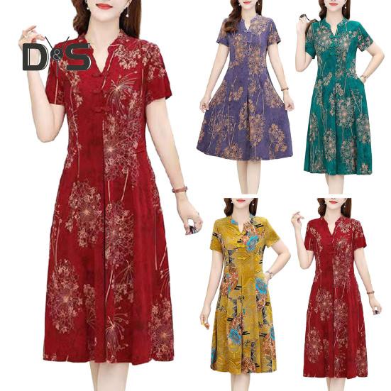 Women Summer Dress V Neck Long Sleeve Chinese Style Short Sleeves Printed A Line Pleated Pockets Knee Length Mid Aged Women Mother Midi Dress