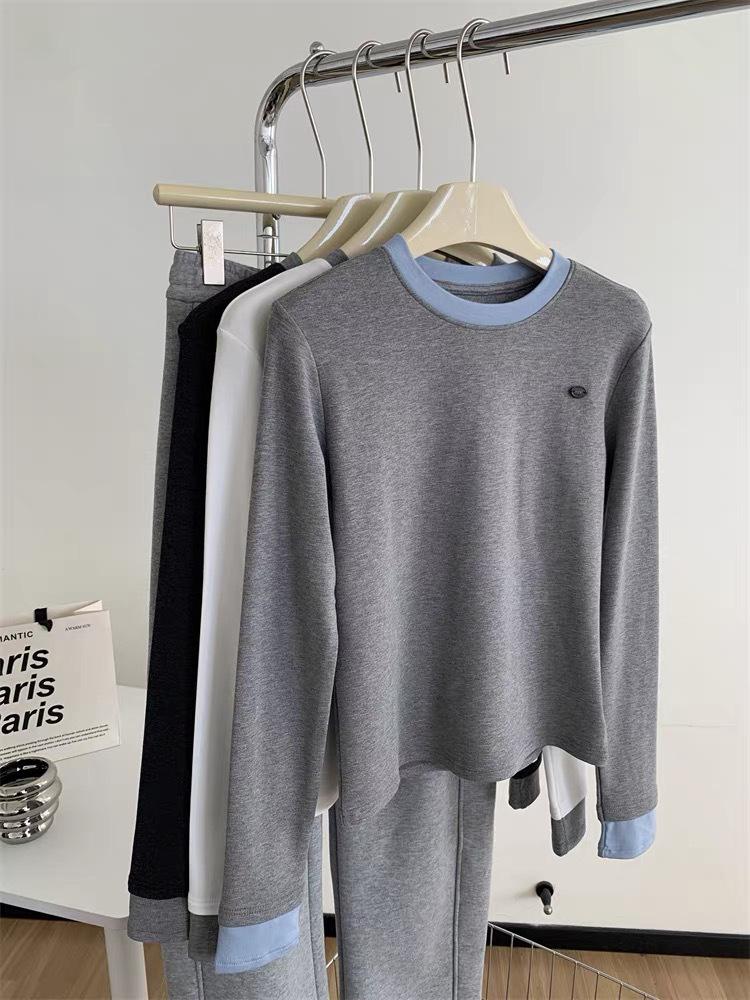 Women's Premium Color Block Round Neck Long Sleeve Fleece T-shirt - Autumn/Winter Imitation Cashmere Base Layer