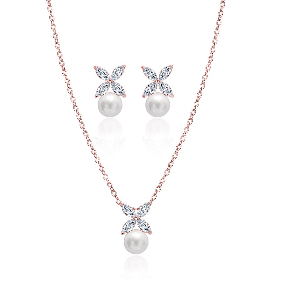 ZAKOL 2 Pcs Simple Marquise Zircon Pearl Stud Earrings Necklace Jewelry Sets for Women Charm Jewelry Gift