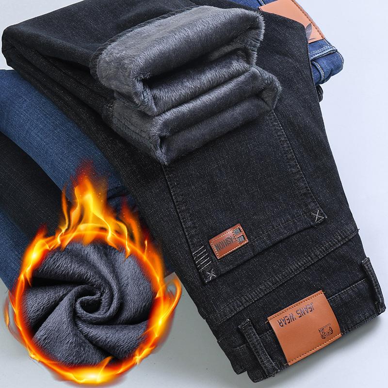 

Осенне-зимние новые мужские универсальные плюшевые джинсовые толстые свободные прямые теплые брюки с высокой талией 40