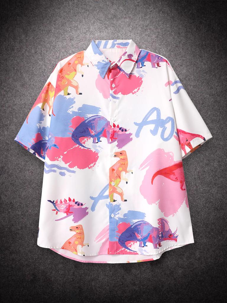 Oversized Loose Dinosaur Printed Short Sleeved Shirts for Men Summer Casual Shirt Trendy Versatile Streetwear for Male