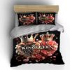 King Queen Crown Heart Bedding Set 3PCS Luxury Golden Rose Print Duvet Cover Pillowcases Romantic Bed Linen for Couple Bedroom