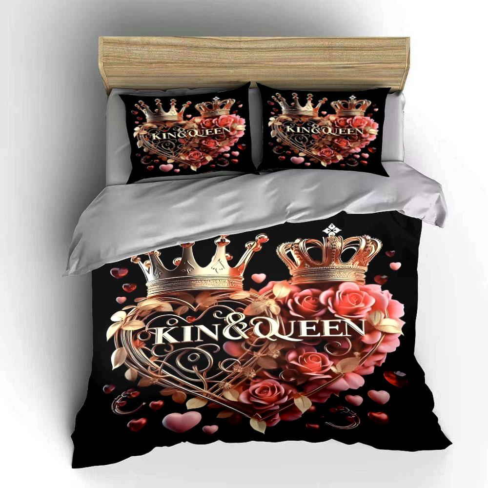 King Queen Crown Heart Bedding Set 3PCS Luxury Golden Rose Print Duvet Cover Pillowcases Romantic Bed Linen for Couple Bedroom