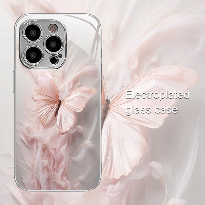 Rožinis drugelių raštas, dengtas sidabru, stiklinis telefono dėklas, skirtas iPhone 17 16 15 14 13 12 11 Pro Max 14 15 Plus 16E 17 Air Cover