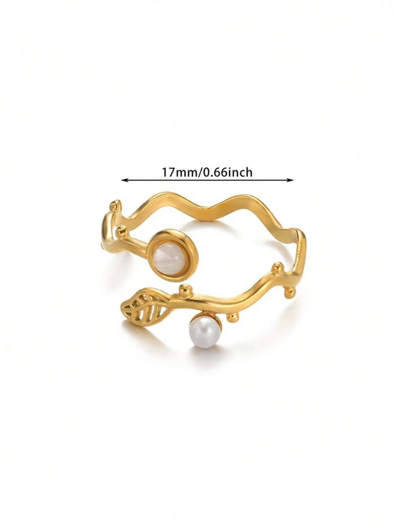 Edelstahl Grüne Blatt Wellenringe 18K Vergoldet Anti-Fading Offener Ring für Damen Hochzeits Schmuck Urlaubs Accessoires Geschenk