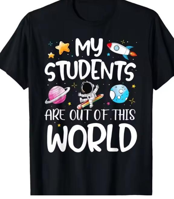 My Students Are Out Of This World Teacher T-shirt for Women Cute Astronaut Outer Space Star Print Round Neck Short Sleeve Science Teacher Tops