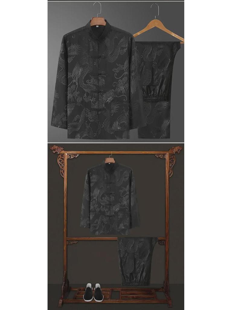 Ice Silk Tang Suit Long-Sleeved Shirt: Men's Chinese-Style Spring/Autumn Dress for Middle-Aged and Elderly