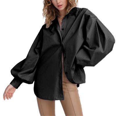 Chemise à Manches Lanternes Boutonnée pour Femmes Haut à Manches Longues à Col Rond Chemise Ample de Couleur Pure pour