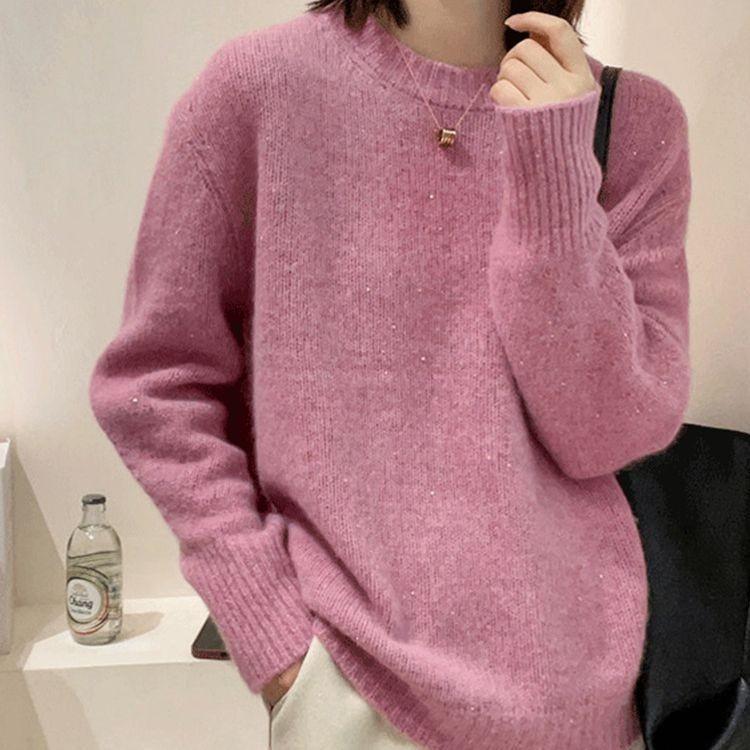 Soft Waxy Fashion All-match Round Neck Long-sleeved Autumn and Winter Sweater Jacket Women's Loose Knitted Bottoming Shirt with Top