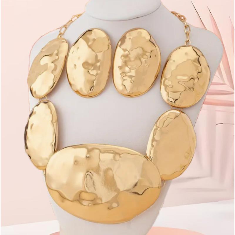 Irregular Oval Metal Glossy Geometric Pattern Jewelry Set Jewelry Stud Earrings Necklace