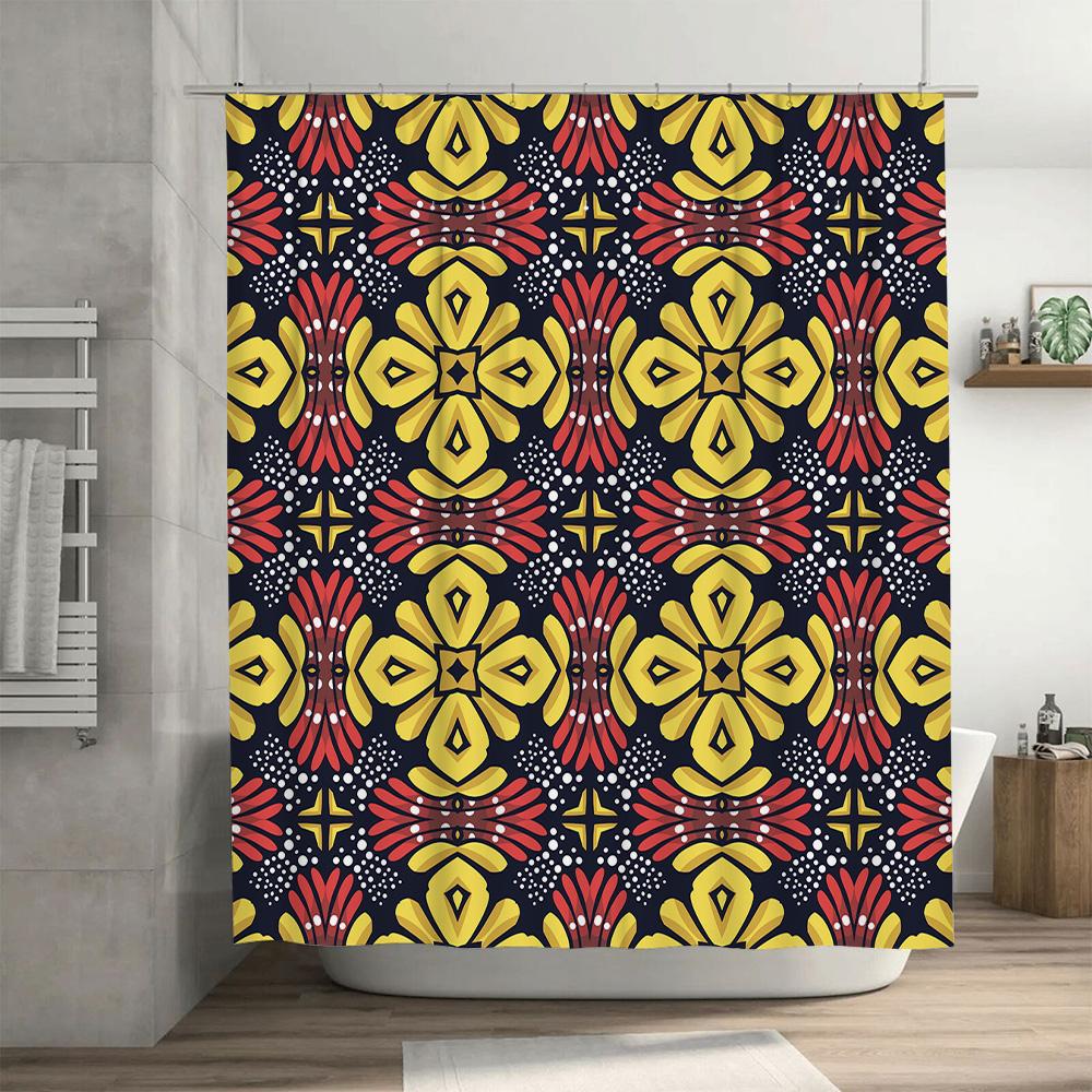 Decorative Fabric Shower Curtain Kawaii Flower Print, Black Red Yellow Pink Floral Pattern Waterproof Bathroom Decor DIY Handmad