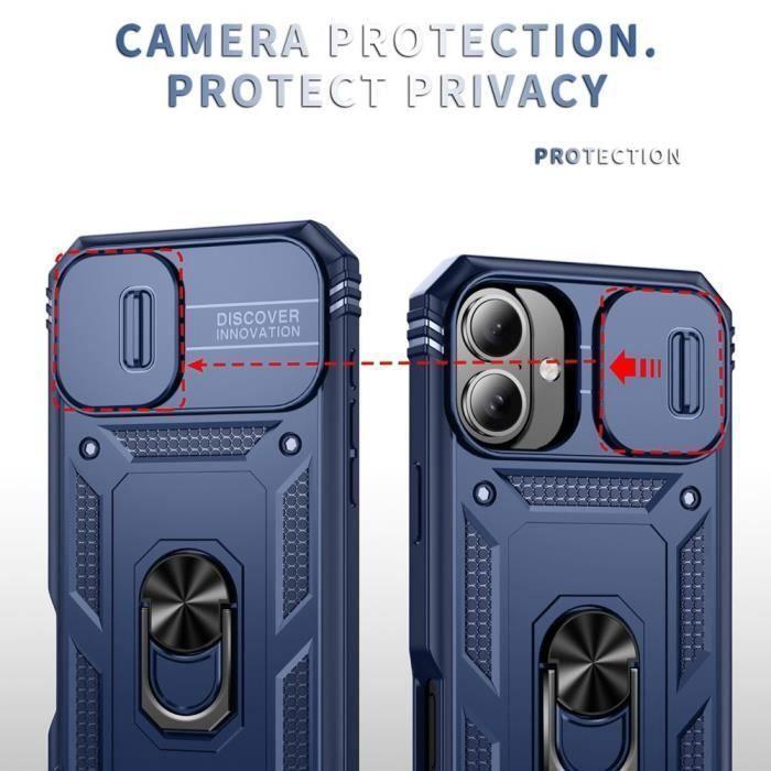 Coque de protection pour iPhone 16 Plus - BOOLING - Rigide - Antichoc - Bleu Marine - Support d'anneau rotatif