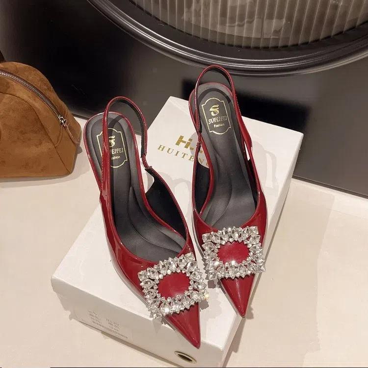 

Thin heel professional rhinestone high heel sandals summer new fashion square buckle pointed head shallow mouth bag head empty sandals women 42 рожевий