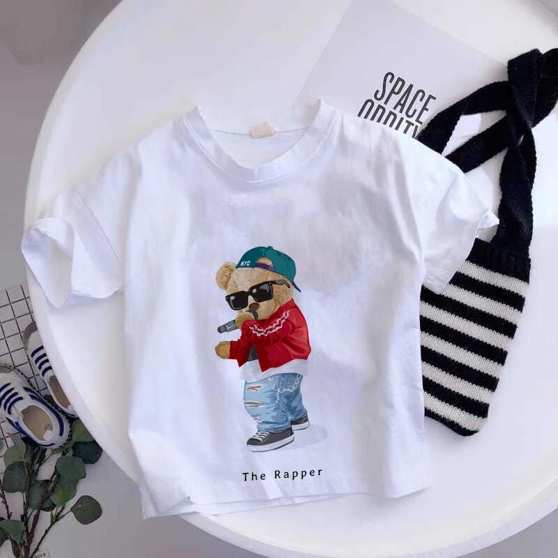 Girls Fashionable Pure Cotton TShirt with Teddy Bear Cartoon Pattern Summer Clothing Fun Childrens Wear Y2K Style