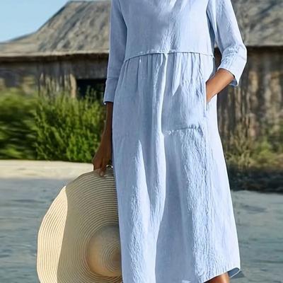 Spring Summer Round Neck Button Pocket Mid Sleeve Solid Colour Dress