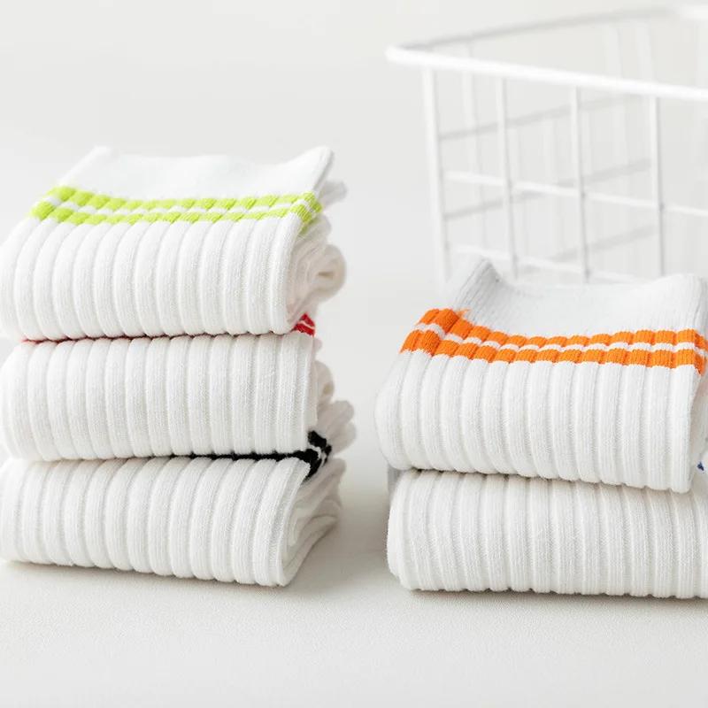Korean White Orange Striped Socks Women Sport Socks Soft Breathable for High School Students Girls Cotton Long Socks