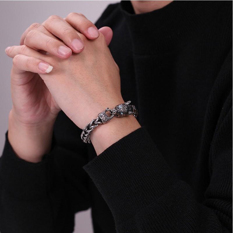 Pulsera de Hombre con Cabeza de Lobo Oscuro Estilo Europeo Americano Vintage Punk Moda Joyería Versátil Venta al por Mayor