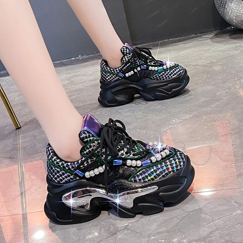 Fashion 8CM Snake Print Chunky Sneakers Women 2024 Thick Bottom Platform Ladies Sports Shoes New Autumn Pearl Rhinestone Dad Shoes Woman