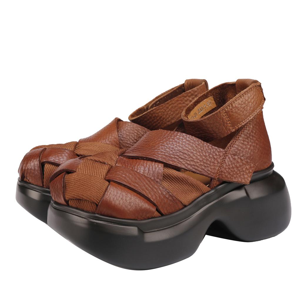Johnature Echtes Leder Gewebte Schuhe mit dicker Sohle Retro Handgefertigte Damen Plateau-Sandalen