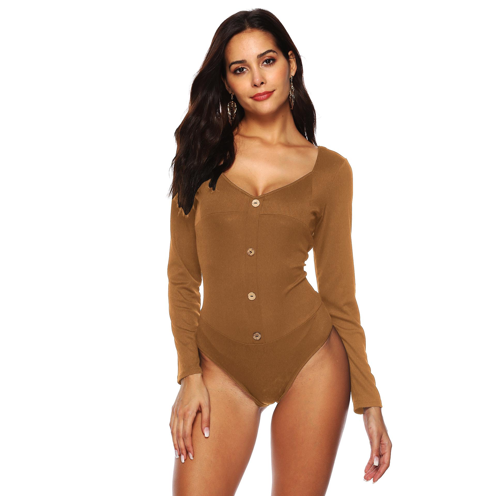 

Женский комбинезон на пуговицах с длинным рукавом и глубоким U-образным вырезом на спине, однотонный, тонкий, с глубоким V-образным вырезом, повседневный боди XXL темно-желтого