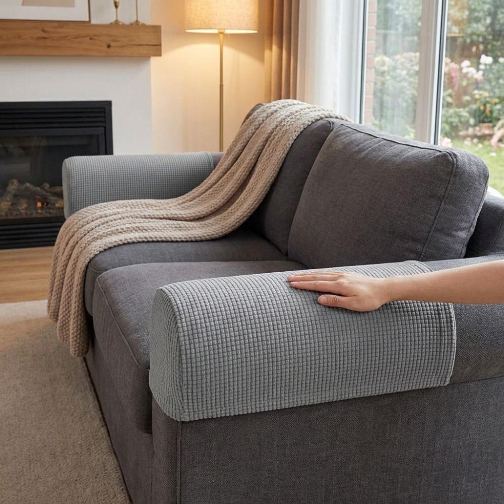 2Pcs Elastic Stretch Jacquard Sofa Arm Covers Anti-Slip Thickened Chair Arm Protectors Dust-Proof Pure Color Furniture Protector