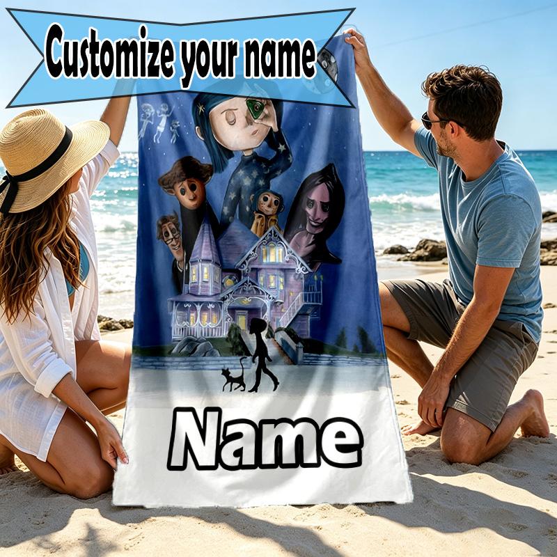 Custom Name Personalized Coraline Print Beach Towel, for Trip Camping Beach Party Home Decor, Birthday Gift for Family & Friends