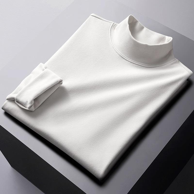 Men's Double-Sided Velvet Half-High Collar Long-Sleeve Black T-Shirt for Autumn and Winter