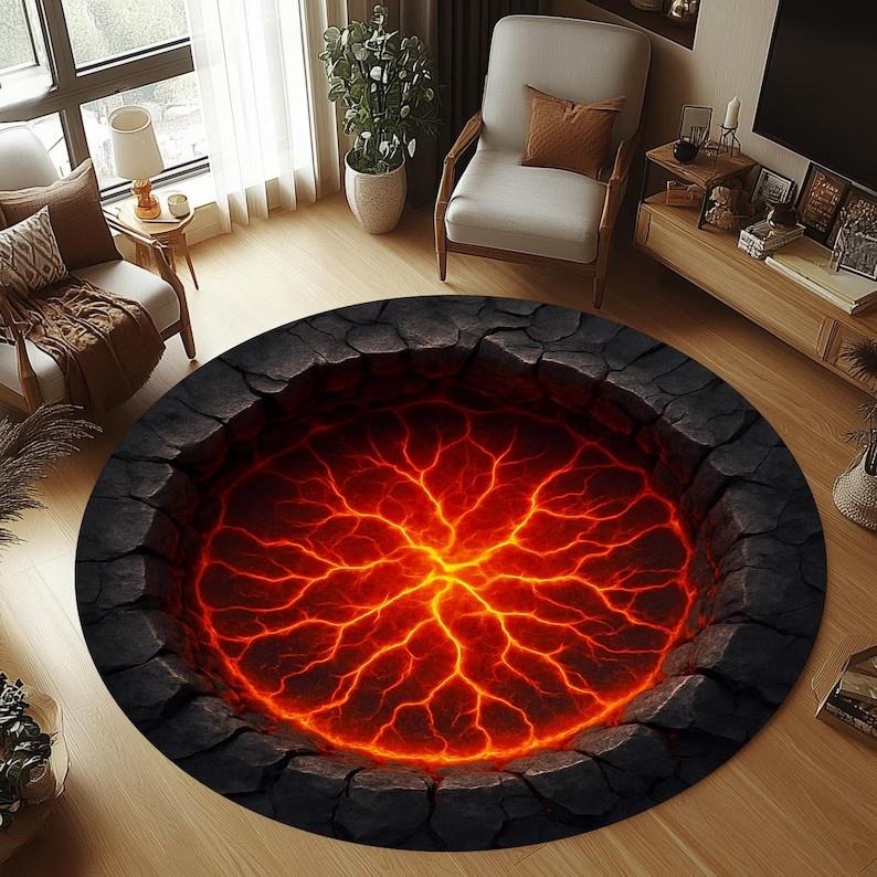 

Unique Round 3D Illusion Lava Flow Rug with Electric Lightning Pattern Black Volcanic Rock Edge Carpet Modern Living Room Rug 80cm x 80cm