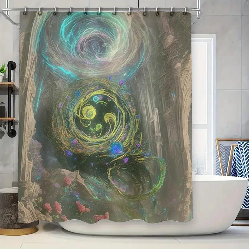 

Mystic Abstract Shower Curtain Modern Bathroom Decor With Floral Celestial Design Blue, Green, Yellow Purple Colors Perfect Gift W60H190(CM)-1 Pcs