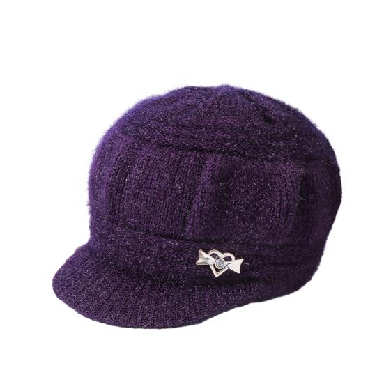 Mid-aged Women Winter Hat Thickened Knitted Elastic Short Brim Heart Rhinestone Decor Pure Color Windproof Warm Head Protection Lady Cap