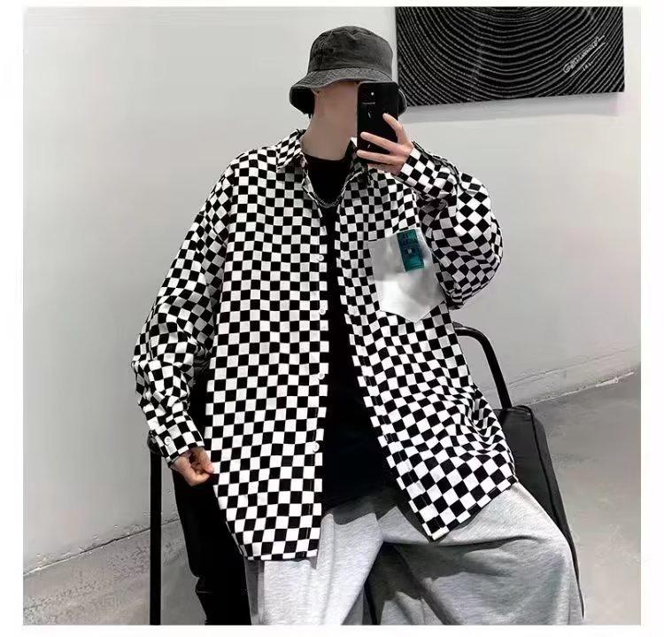 Men's Retro Checkered Patchwork Jacket - Long-Sleeve, Loose-Fit, Lapel Style for Spring & Autumn