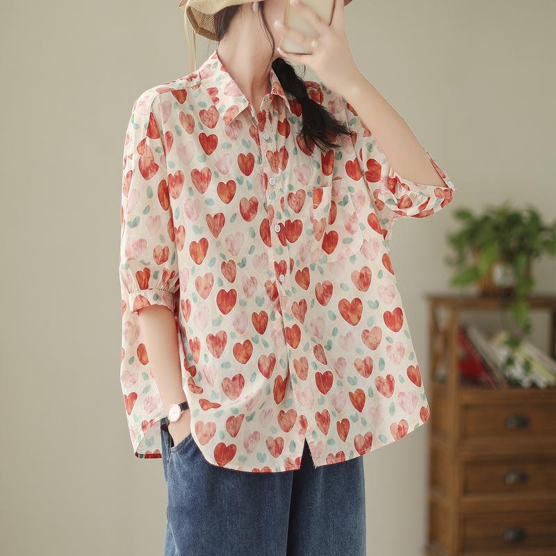 

Летние блузки корейские Commuter Arc Hemp Sweet Painted Love рубашки с короткими рукавами женская одежда и аксессуарыТопы Large size 2XL