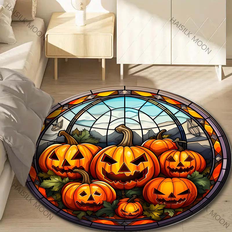 1PC Pumpkin Head Bat Castle Halloween Round Carpet for Kids Living Room Rugs Picnic Mats Flannel Anti-Slip Rug Luxury Gift