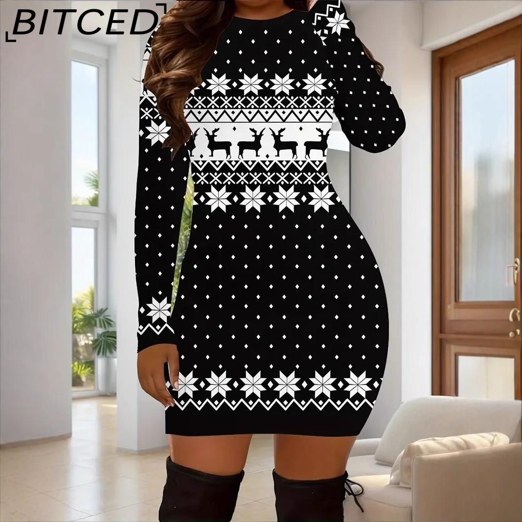 BITCED Women s Autumn/Winter Long-Sleeved Printed Christmas Knitted Dress S